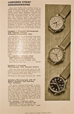 Catalogue showing prices for Longines 13ZN chronographs. (Image via longinespassion.it)